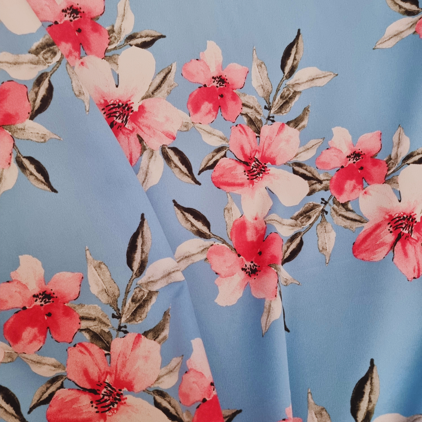 Pink Flower and Blue Crepe De Chine