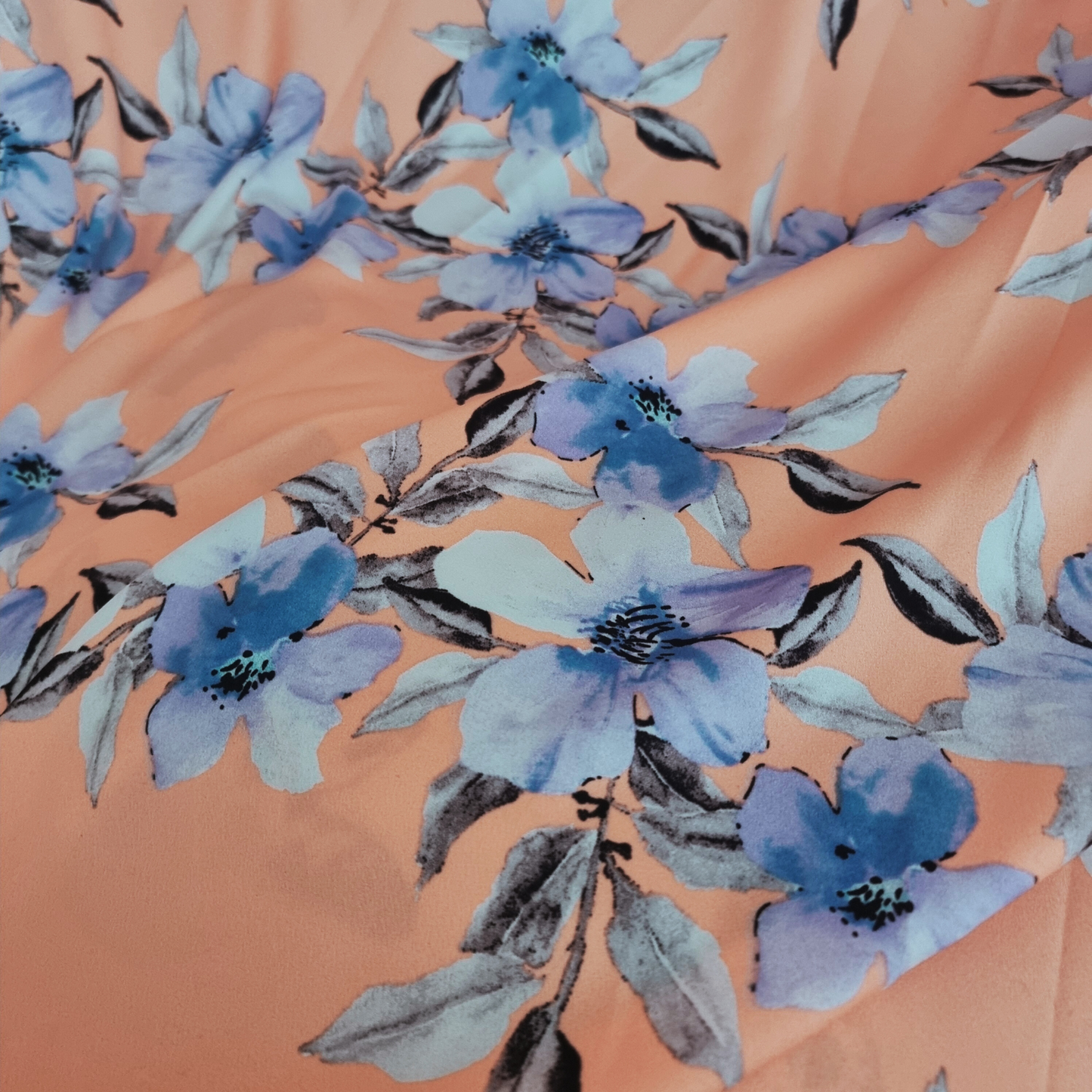 Blue Flower and Peach Crepe De Chine