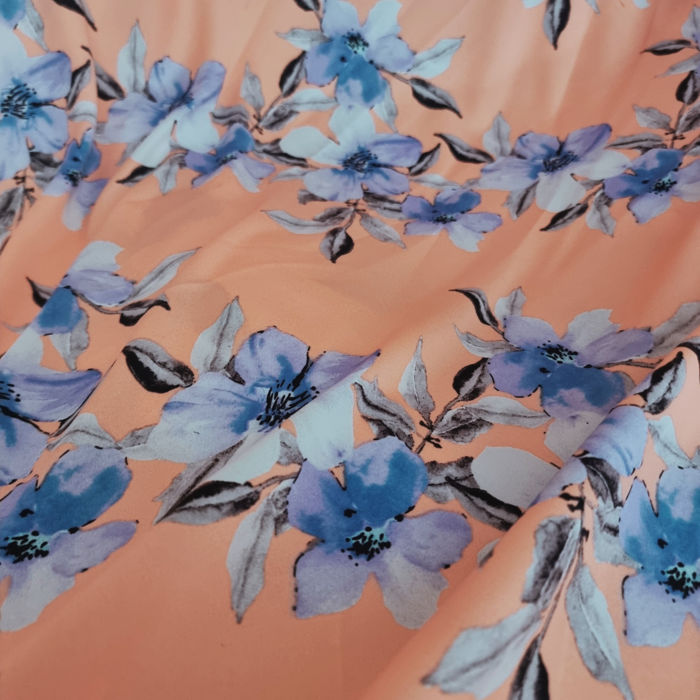 Blue Flower and Peach Crepe De Chine