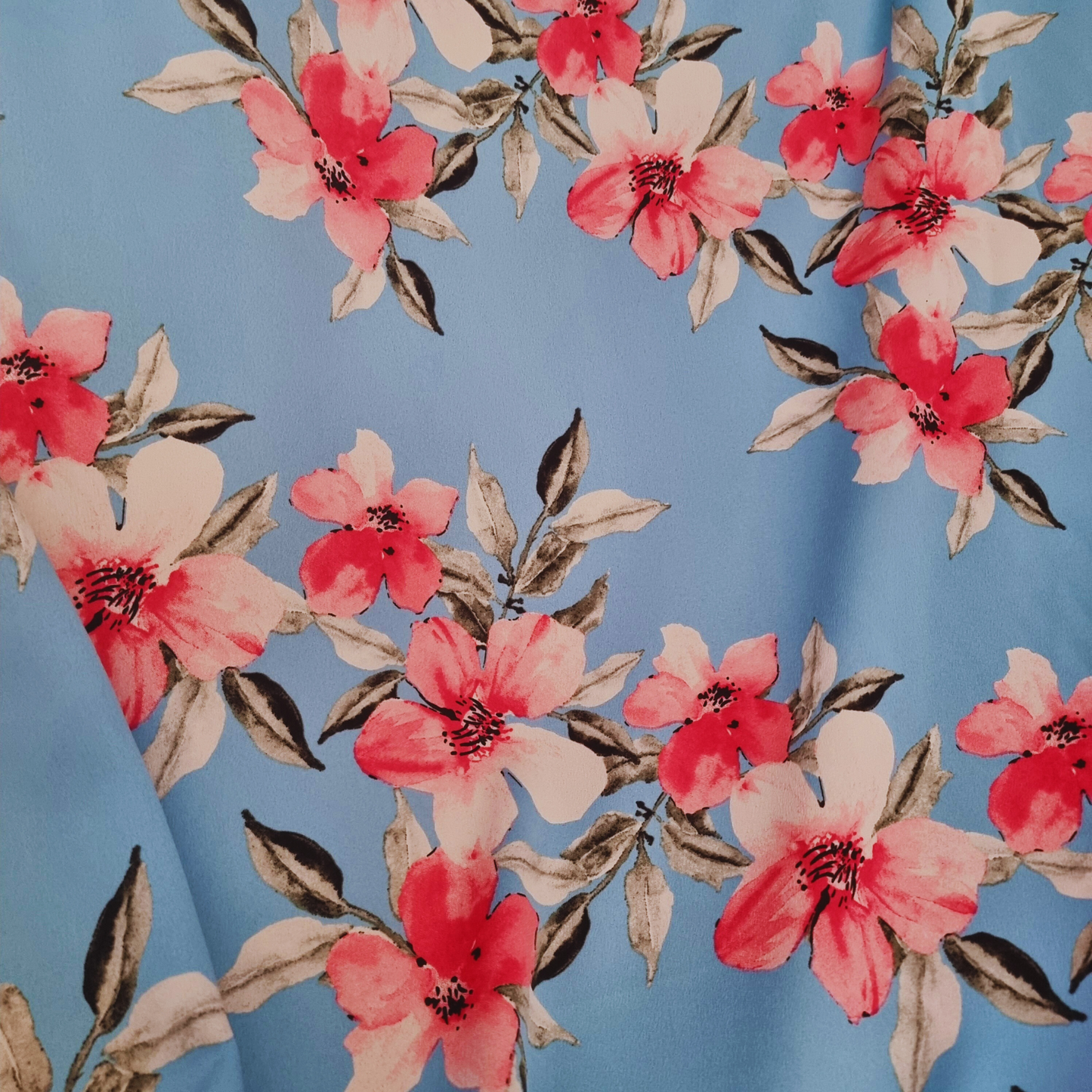 Pink Flower and Blue Crepe De Chine