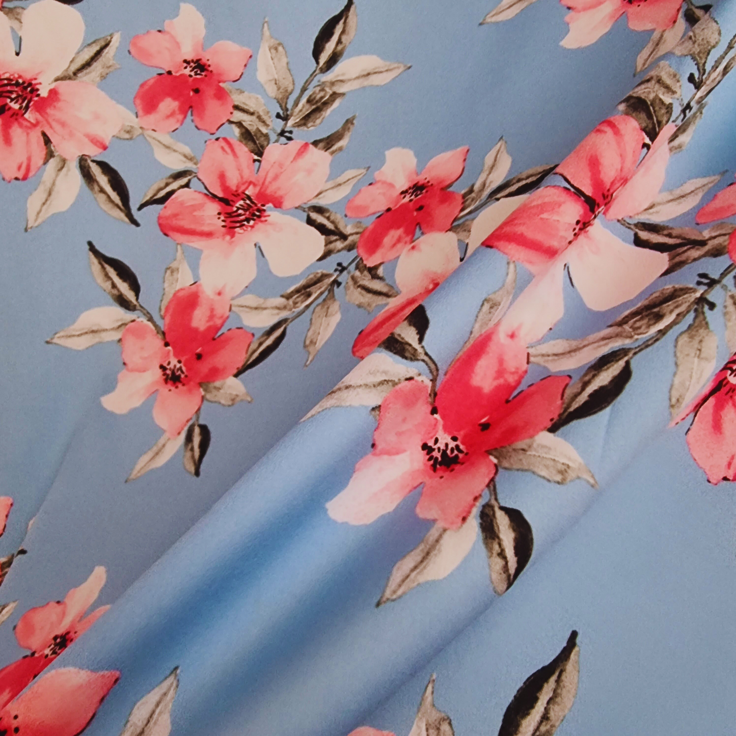 Pink Flower and Blue Crepe De Chine
