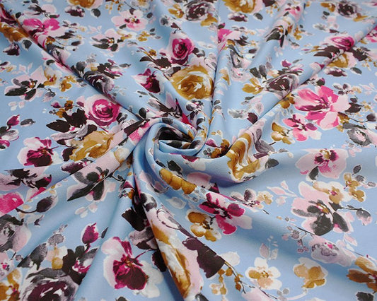 Sky Vintage Roses Floral Crepe De Chine